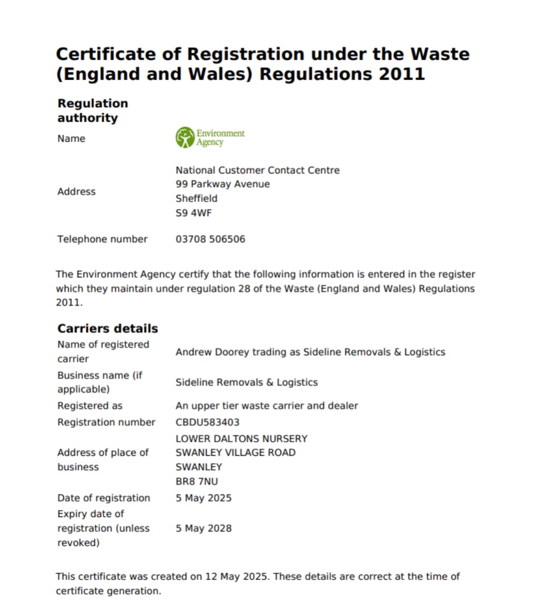 Environment Agency certificate